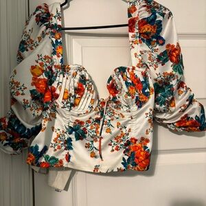 For Love And Lemons Orange and Blue Puff Sleeve Crop Blouse